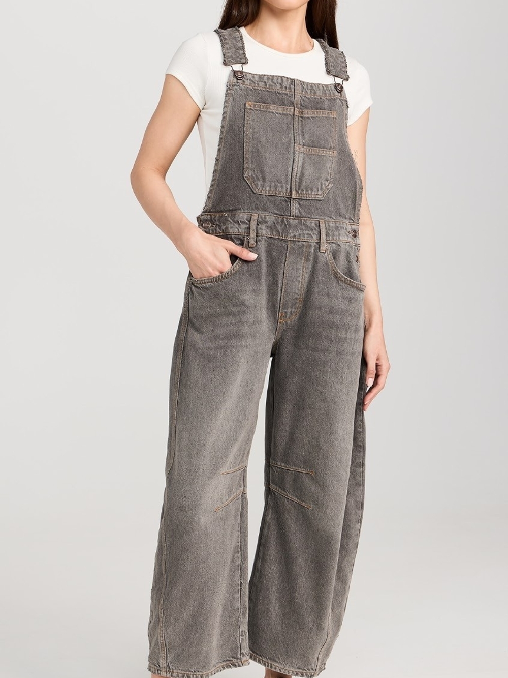 We The Free Washed Gray Wide-Leg Denim Overalls - Picture 2 of 6